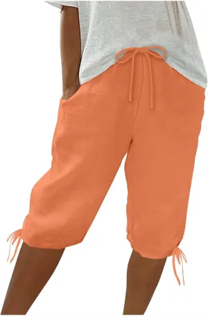 Womens Shorts 2025 Summer Fashion Linen Shorts Bermuda Knee Length Casual Loose Pants Workout Pants