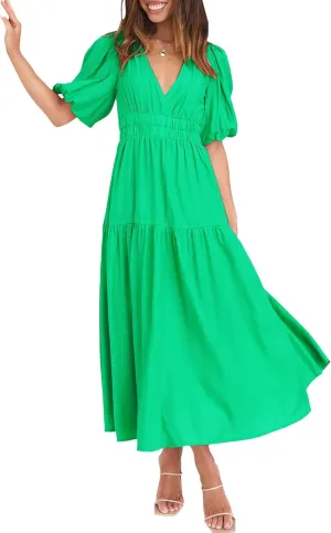 Women's Summer V Neck Short Puff Sleeve A Line Tiered Midi Dress Casual Flowy Solid Dresses