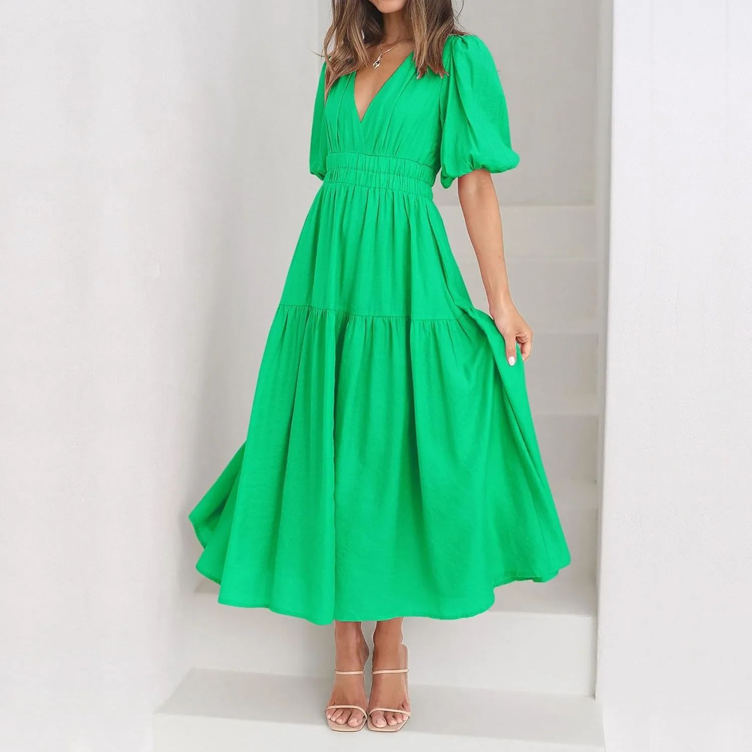 Women's Summer V Neck Short Puff Sleeve A Line Tiered Midi Dress Casual Flowy Solid Dresses