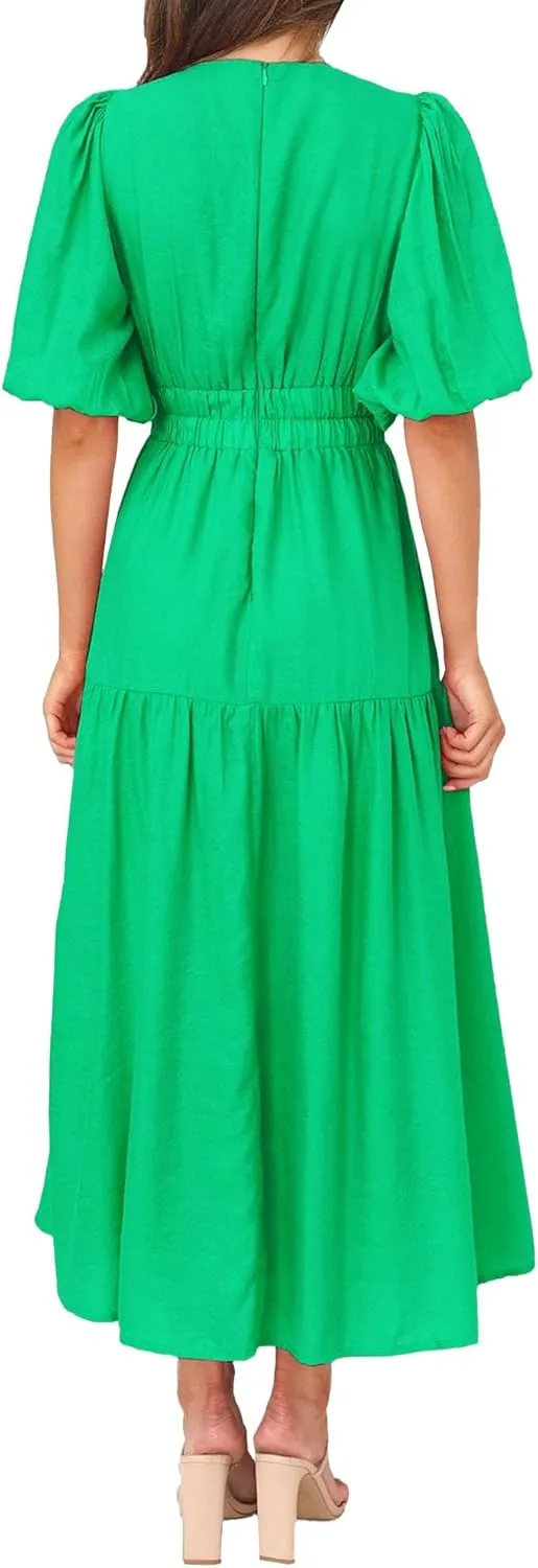 Women's Summer V Neck Short Puff Sleeve A Line Tiered Midi Dress Casual Flowy Solid Dresses