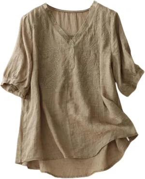 Women's T-Shirts 2025 Summer Trendy Cotton Linen Button Down Shirts Boho Roll-Up Sleeve V Neck Blouses with Pockets