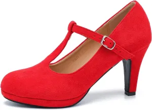 Womens T Strap High Heels Close Toe Classic Round Toe Shoes Comfortable Low Platform Ankle Strap Mary Jane Dress Pumps