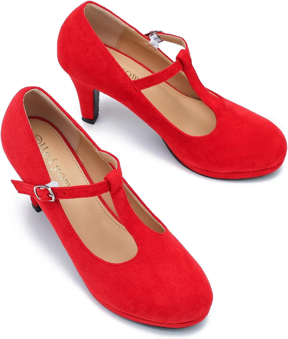 Womens T Strap High Heels Close Toe Classic Round Toe Shoes Comfortable Low Platform Ankle Strap Mary Jane Dress Pumps