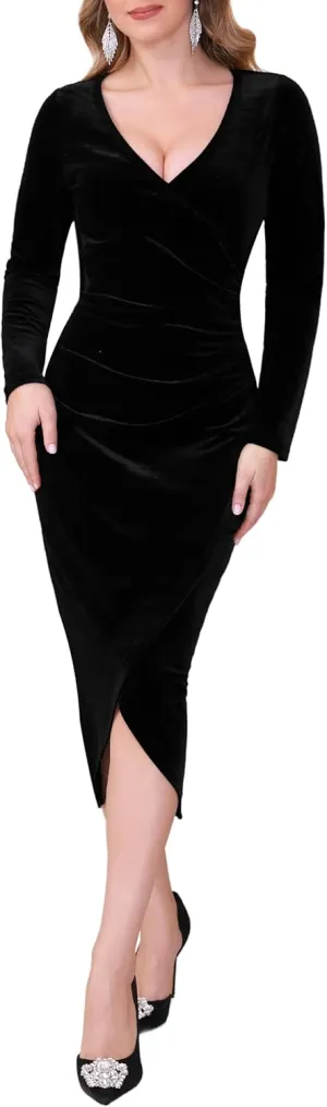 Women's Velvet Dress Long Sleeve Wrap V-Neck Elegant Cocktail Party Fall Midi Dress for Wedding Guest