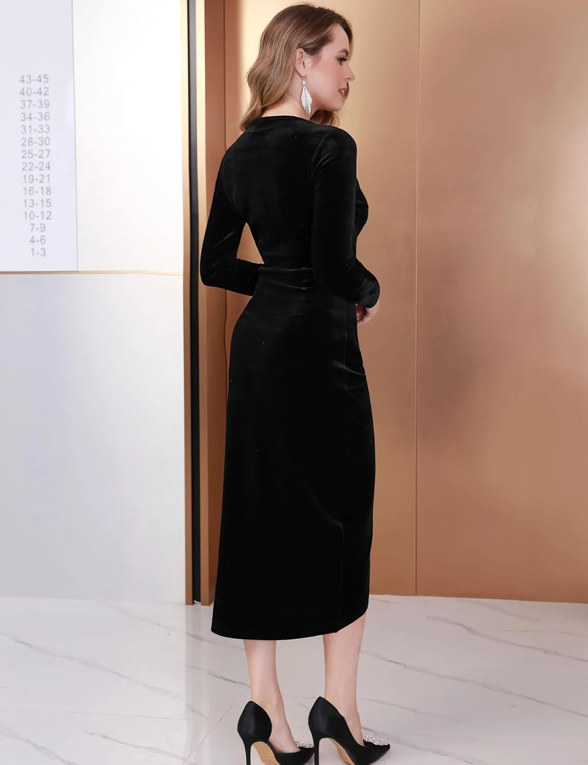 Women's Velvet Dress Long Sleeve Wrap V-Neck Elegant Cocktail Party Fall Midi Dress for Wedding Guest