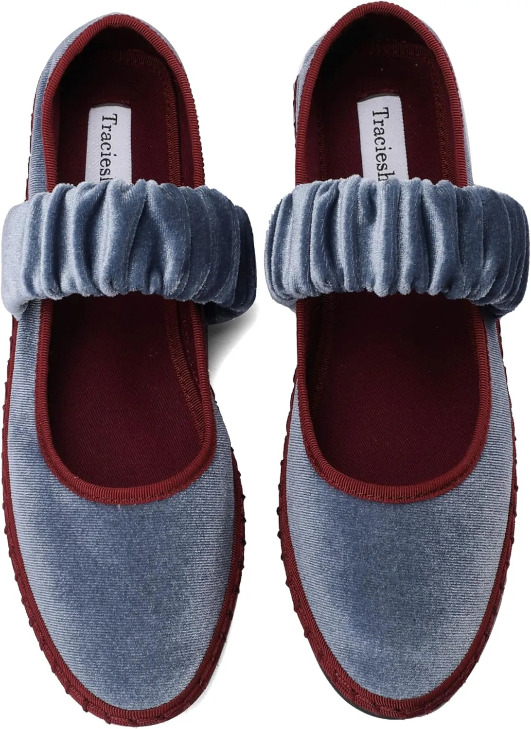 Women's Velvet Mary Jane Flats Round Toe Ballet Shoes Wide Strap Design with Burgundy Trim