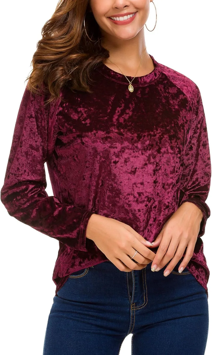 Women's Vintage Velvet T-Shirt Casual Long Sleeve Top