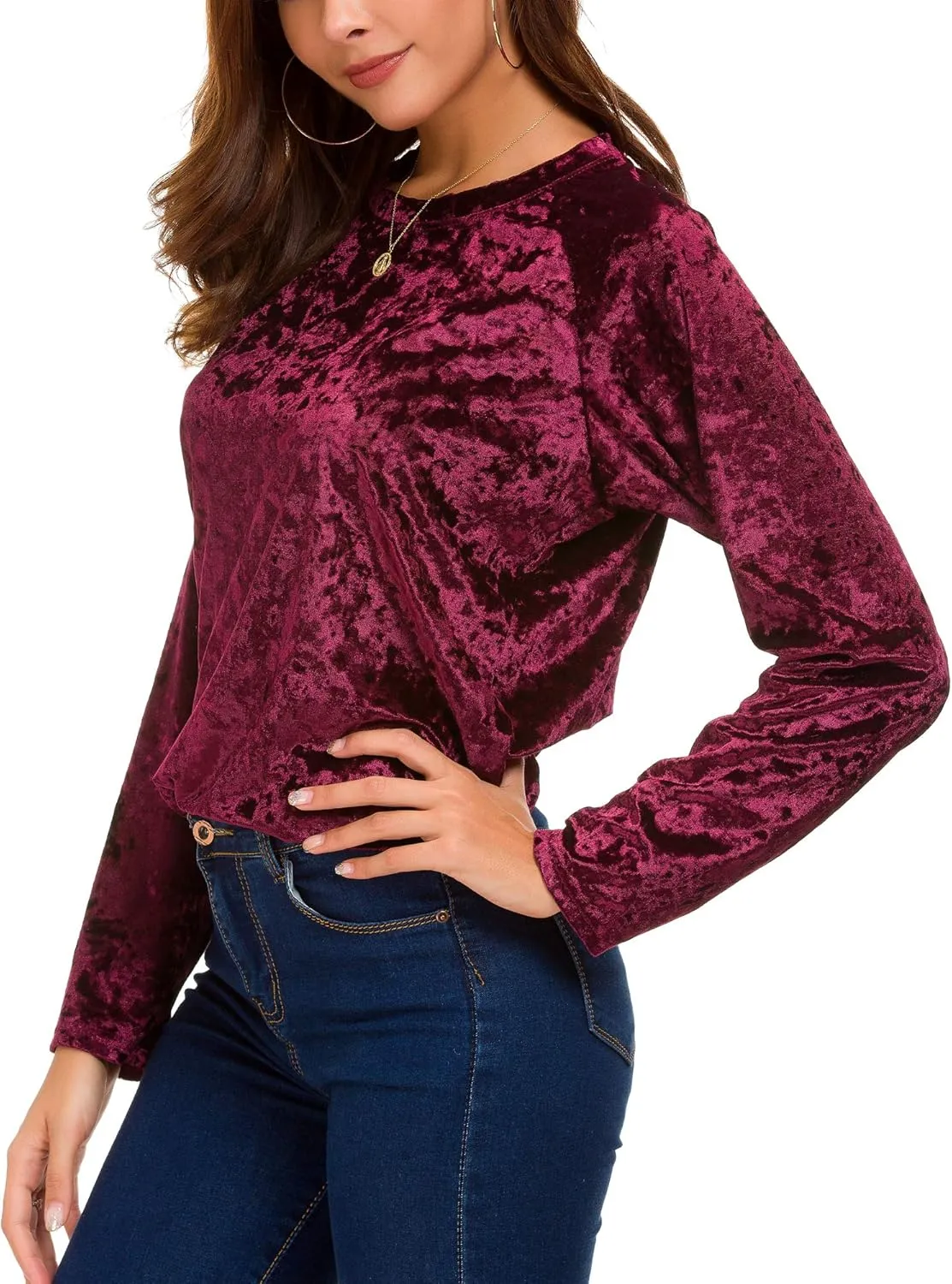 Women's Vintage Velvet T-Shirt Casual Long Sleeve Top