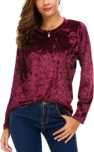 Women's Vintage Velvet T-Shirt Casual Long Sleeve Top