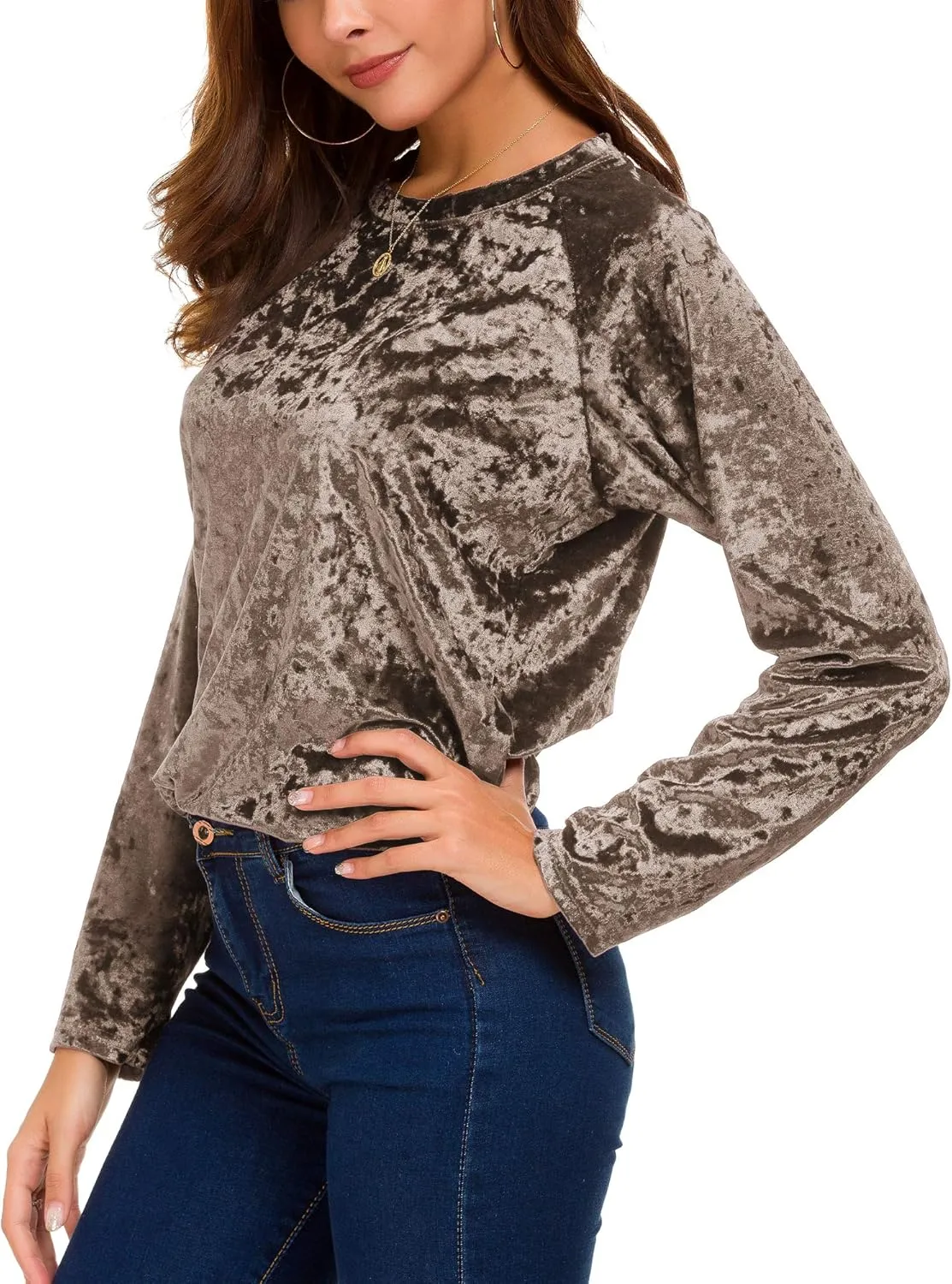 Women's Vintage Velvet T-Shirt Casual Long Sleeve Top