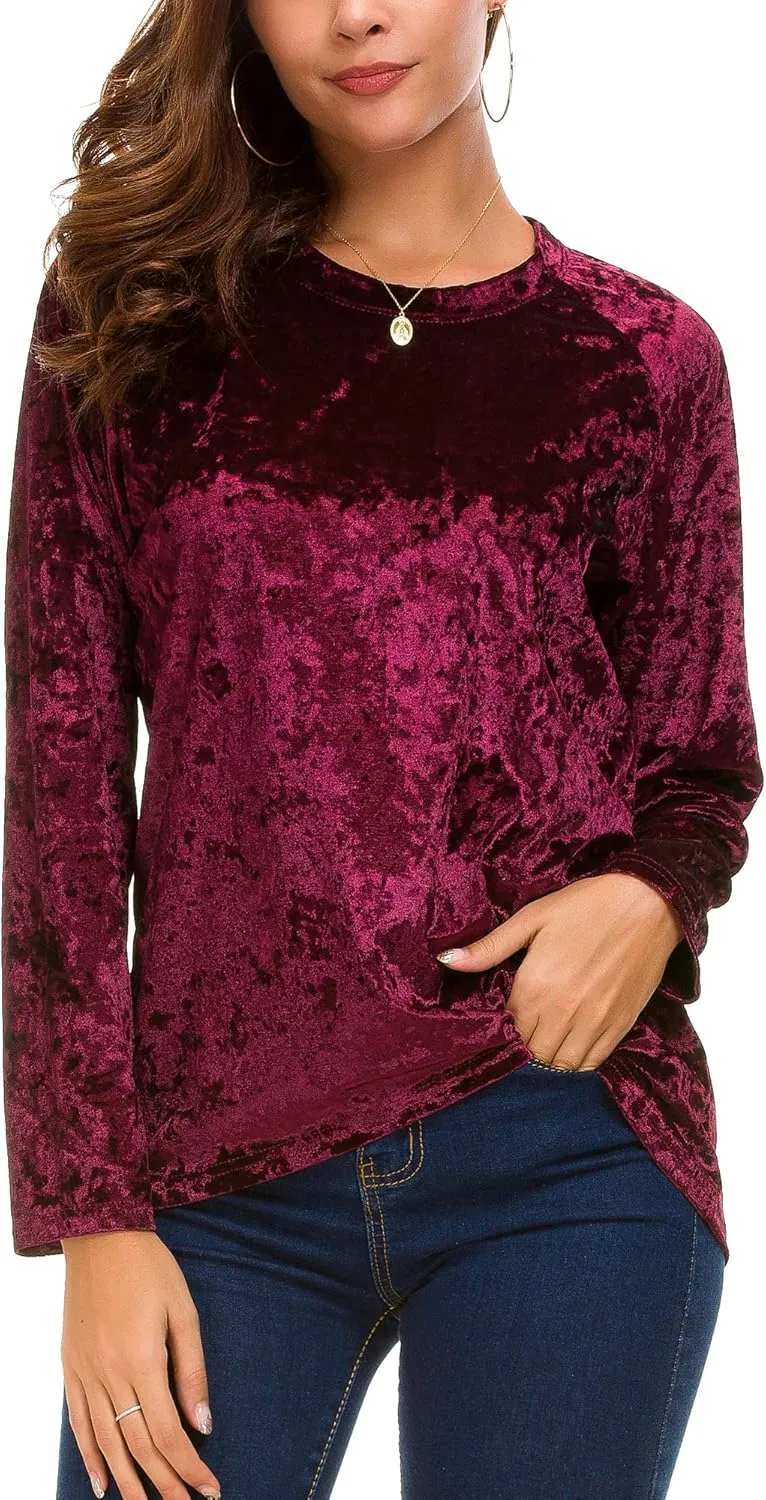 Women's Vintage Velvet T-Shirt Casual Long Sleeve Top