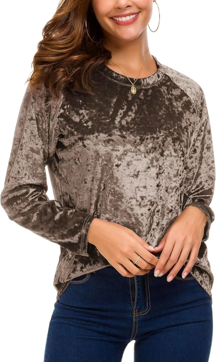Women's Vintage Velvet T-Shirt Casual Long Sleeve Top