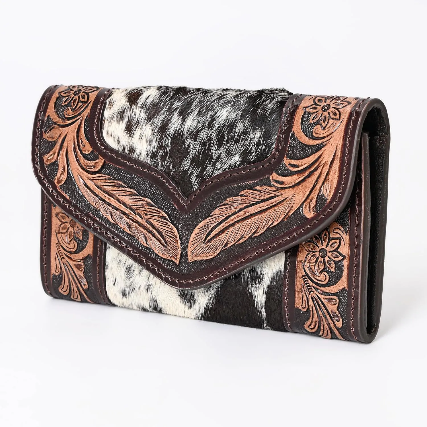 Women's Western Leather Rustic Rose Boohoo Buckaroo Trifold Handmade Hand Wallet - Stylish and Functional Cowhide Clutch