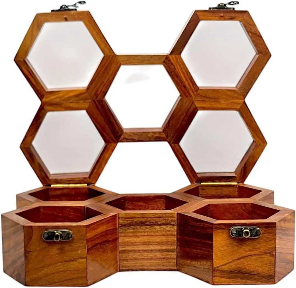 Wooden Handmade Honeycomb design Watch Box for Men and Women - Premium Rosewood Finish with Glass Cover (1 slot)
