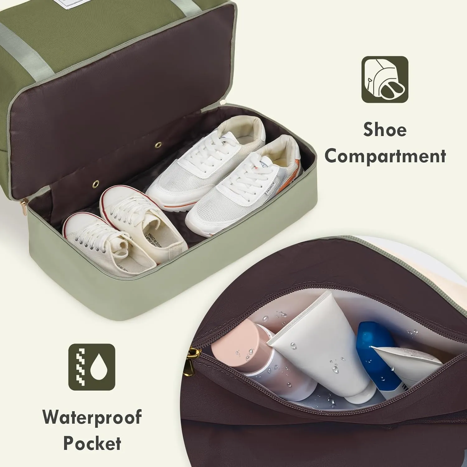 WOOMADA Weekender Bag for Women, Large Carry On Bag with Shoe Compartment, Hospital Labor & Delivery Overnight Bag with Toiletry Bag(Beige&Army Green)