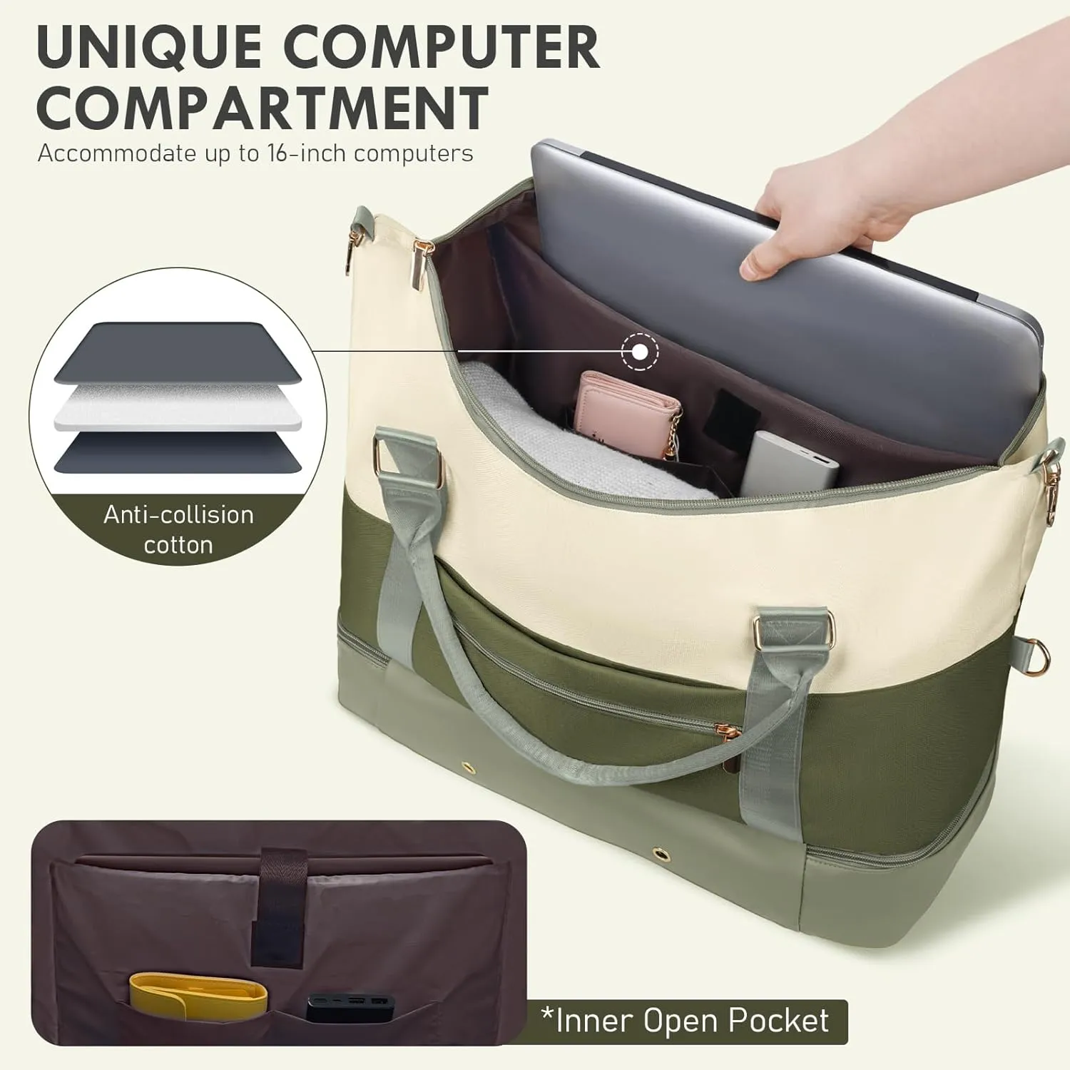 WOOMADA Weekender Bag for Women, Large Carry On Bag with Shoe Compartment, Hospital Labor & Delivery Overnight Bag with Toiletry Bag(Beige&Army Green)