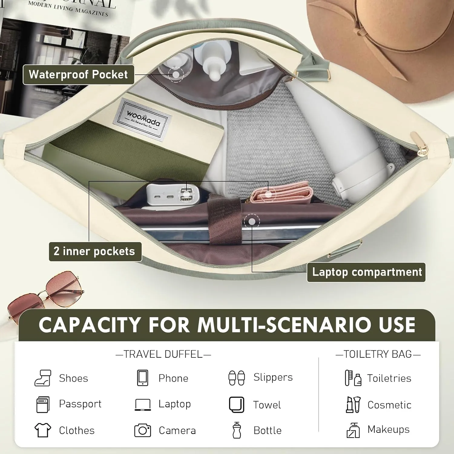 WOOMADA Weekender Bag for Women, Large Carry On Bag with Shoe Compartment, Hospital Labor & Delivery Overnight Bag with Toiletry Bag(Beige&Army Green)