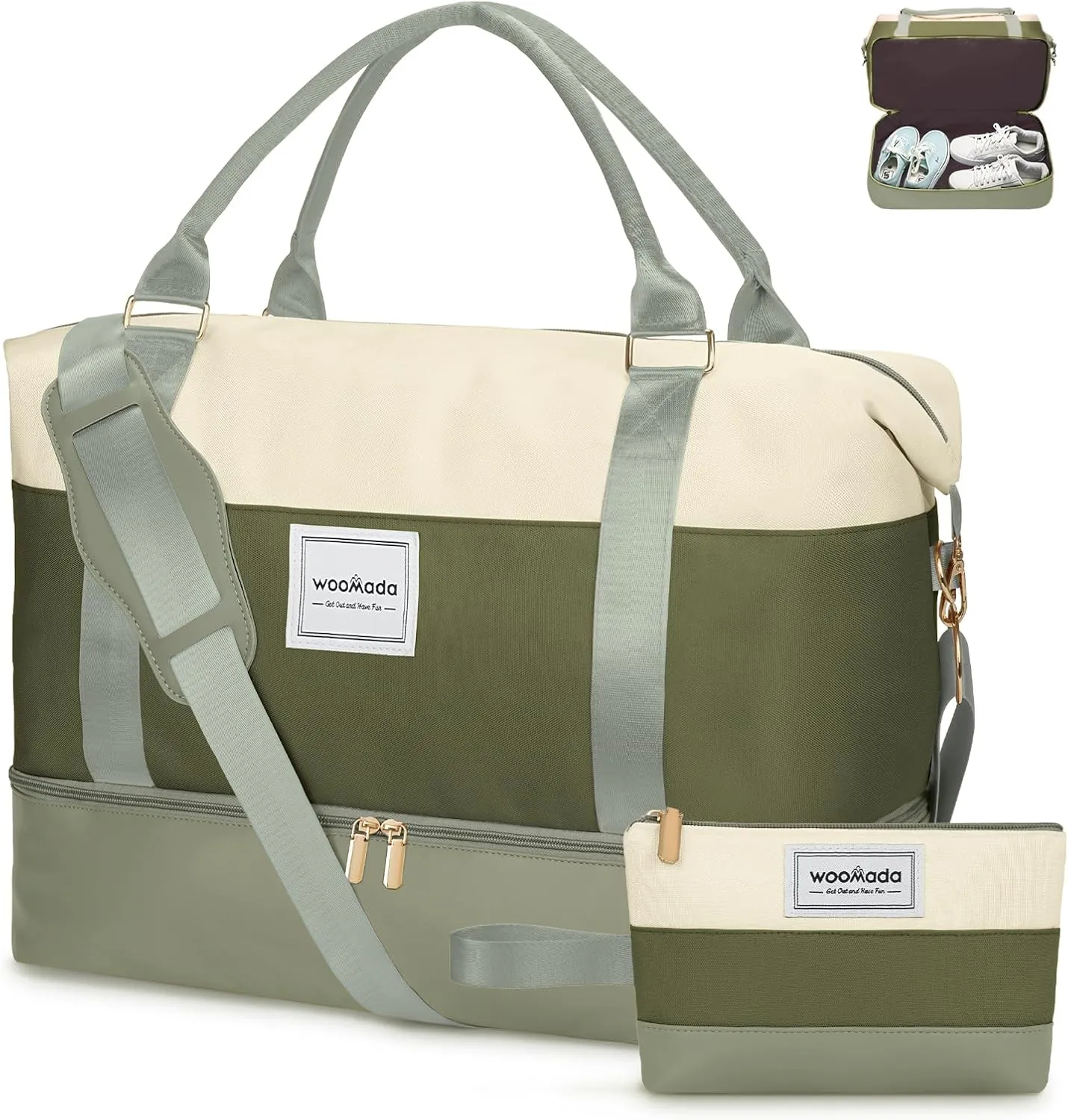 WOOMADA Weekender Bag for Women, Large Carry On Bag with Shoe Compartment, Hospital Labor & Delivery Overnight Bag with Toiletry Bag(Beige&Army Green)
