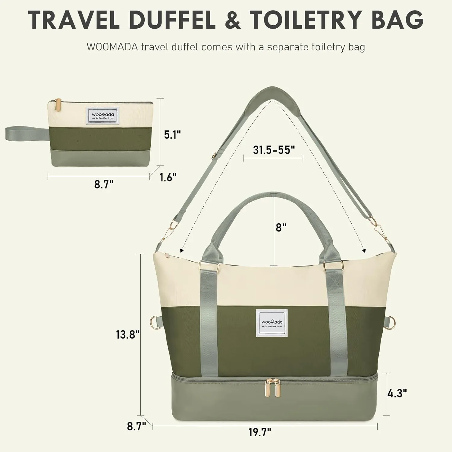 WOOMADA Weekender Bag for Women, Large Carry On Bag with Shoe Compartment, Hospital Labor & Delivery Overnight Bag with Toiletry Bag(Beige&Army Green)