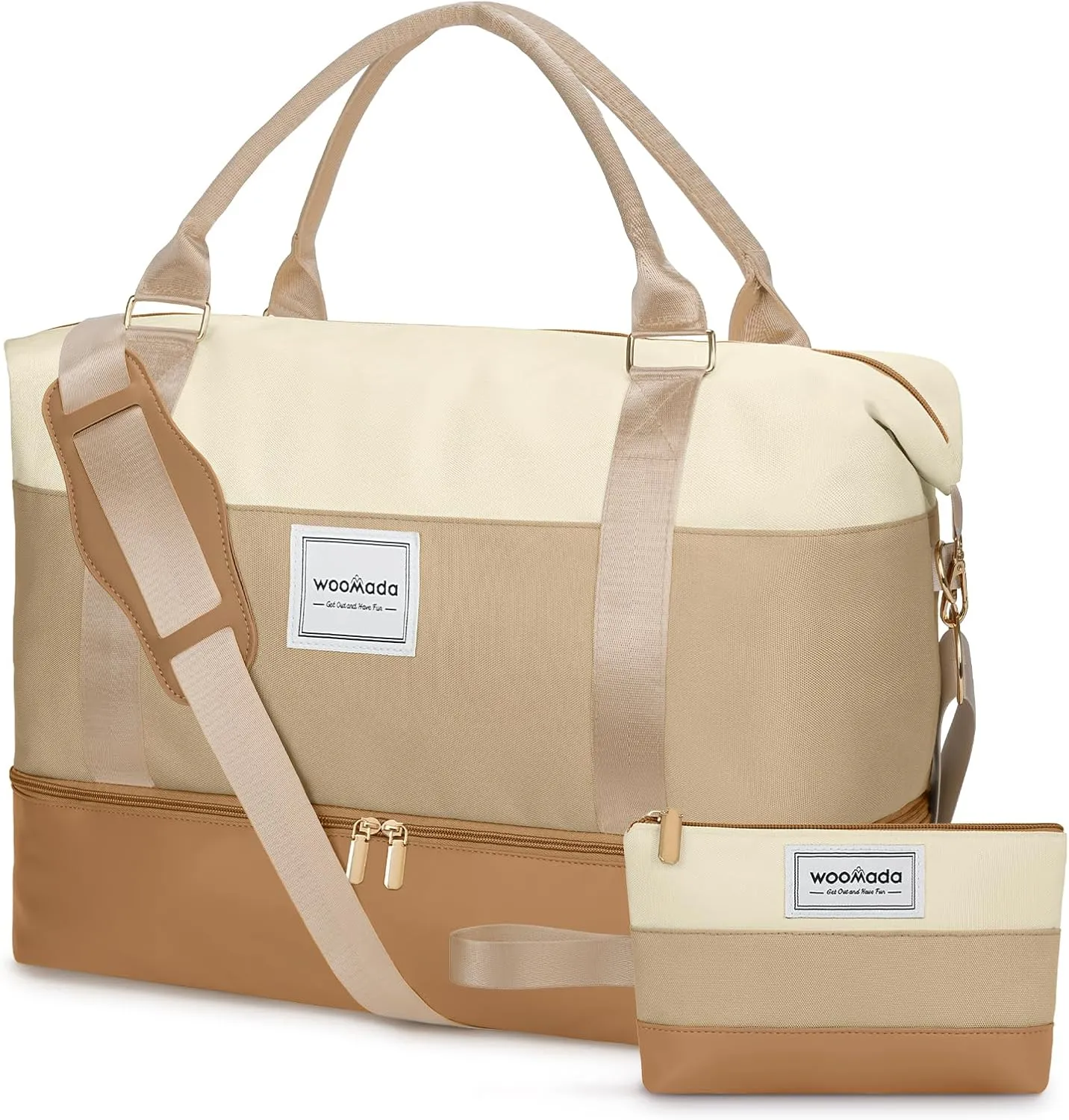 WOOMADA Weekender Bag for Women, Large Carry On Bag with Shoe Compartment, Hospital Labor & Delivery Overnight Bag with Toiletry Bag(Beige&Khaki)