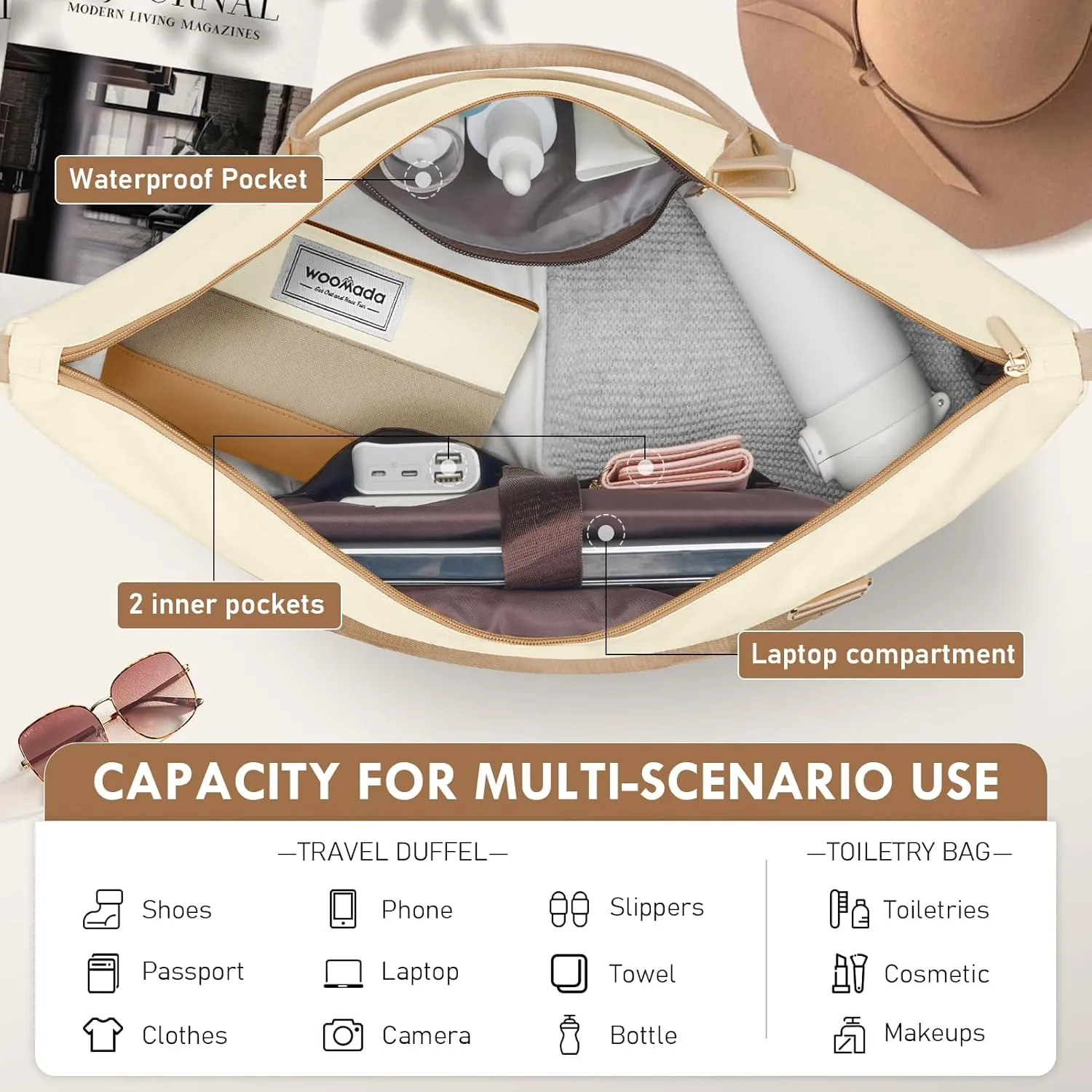 WOOMADA Weekender Bag for Women, Large Carry On Bag with Shoe Compartment, Hospital Labor & Delivery Overnight Bag with Toiletry Bag(Beige&Khaki)