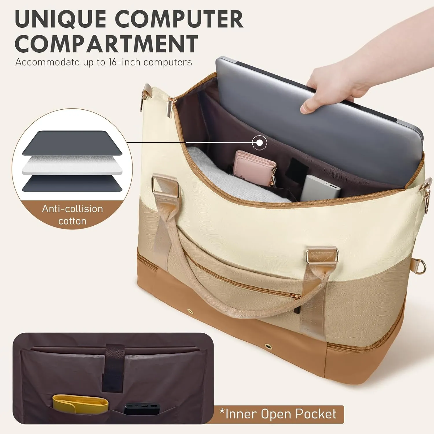WOOMADA Weekender Bag for Women, Large Carry On Bag with Shoe Compartment, Hospital Labor & Delivery Overnight Bag with Toiletry Bag(Beige&Khaki)