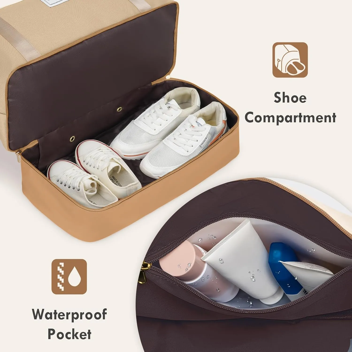 WOOMADA Weekender Bag for Women, Large Carry On Bag with Shoe Compartment, Hospital Labor & Delivery Overnight Bag with Toiletry Bag(Beige&Khaki)