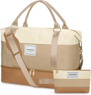 WOOMADA Weekender Bag for Women, Large Carry On Bag with Shoe Compartment, Hospital Labor & Delivery Overnight Bag with Toiletry Bag(Beige&Khaki)
