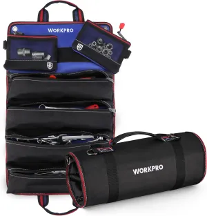 WORKPRO Roll Up Tool Bag With Detachable Pouches, Heavy Duty Organizer With 6 Pockets for Mechanic, Electrician, Plumber and Carpenter