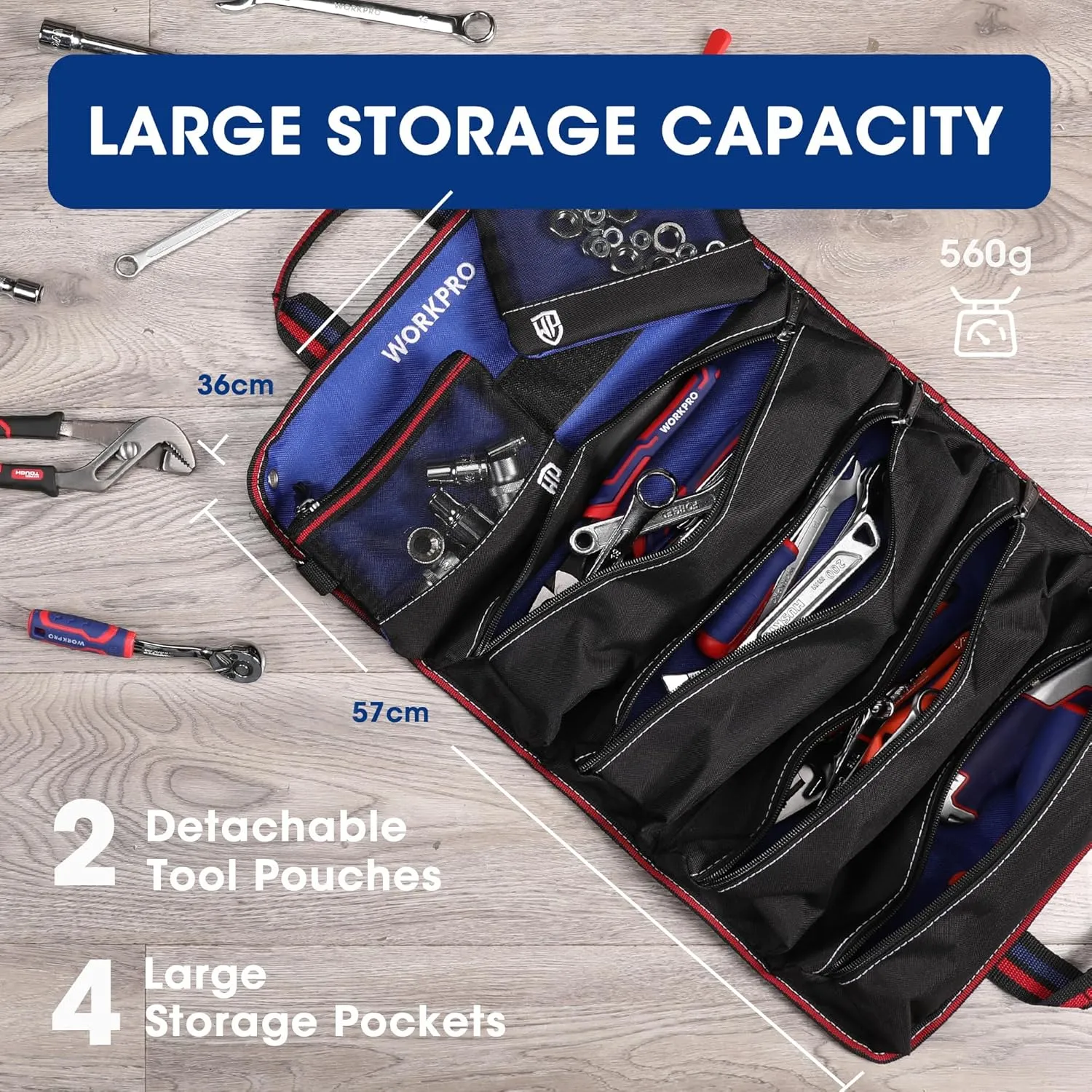 WORKPRO Roll Up Tool Bag With Detachable Pouches, Heavy Duty Organizer With 6 Pockets for Mechanic, Electrician, Plumber and Carpenter