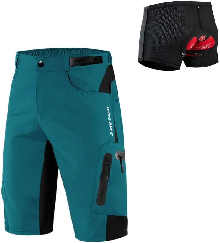 WOSAWE Men's Baggy Cycling Shorts Quick Dry Mountain Bike Bottoms MTB Padded Shorts with 7 Pockets