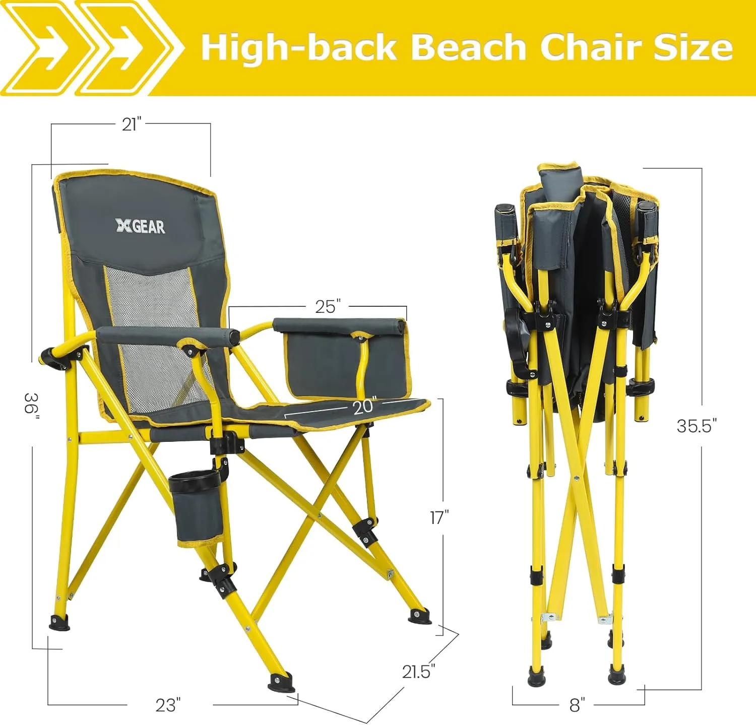 XGEAR Camping Chairs for Adults Support 350LBS Sturdy Mesh Back Camp Chair with Metal Armrests, Cup Holder, Storage Pockets(Yellow/Grey)