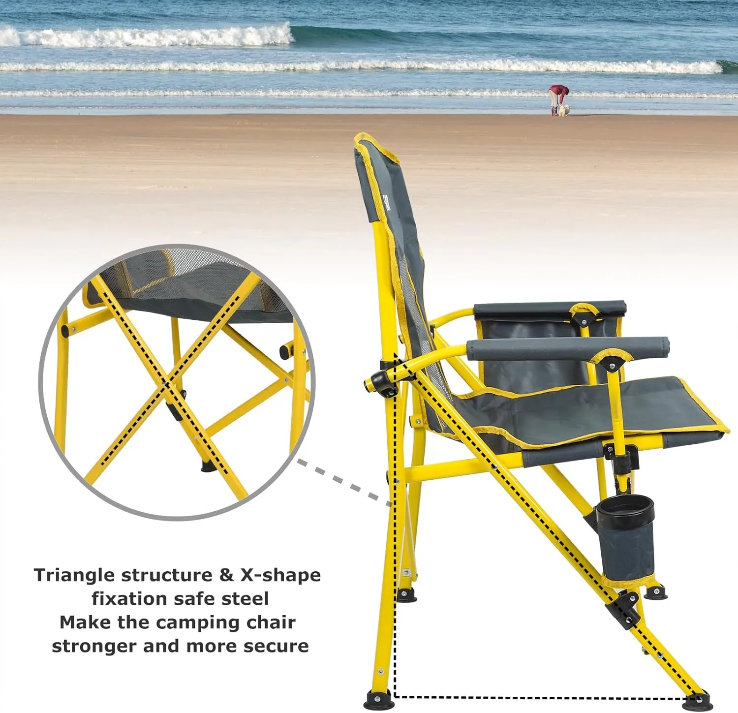 XGEAR Camping Chairs for Adults Support 350LBS Sturdy Mesh Back Camp Chair with Metal Armrests, Cup Holder, Storage Pockets(Yellow/Grey)