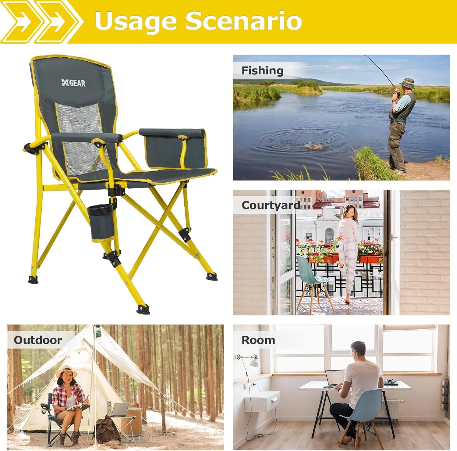XGEAR Camping Chairs for Adults Support 350LBS Sturdy Mesh Back Camp Chair with Metal Armrests, Cup Holder, Storage Pockets(Yellow/Grey)
