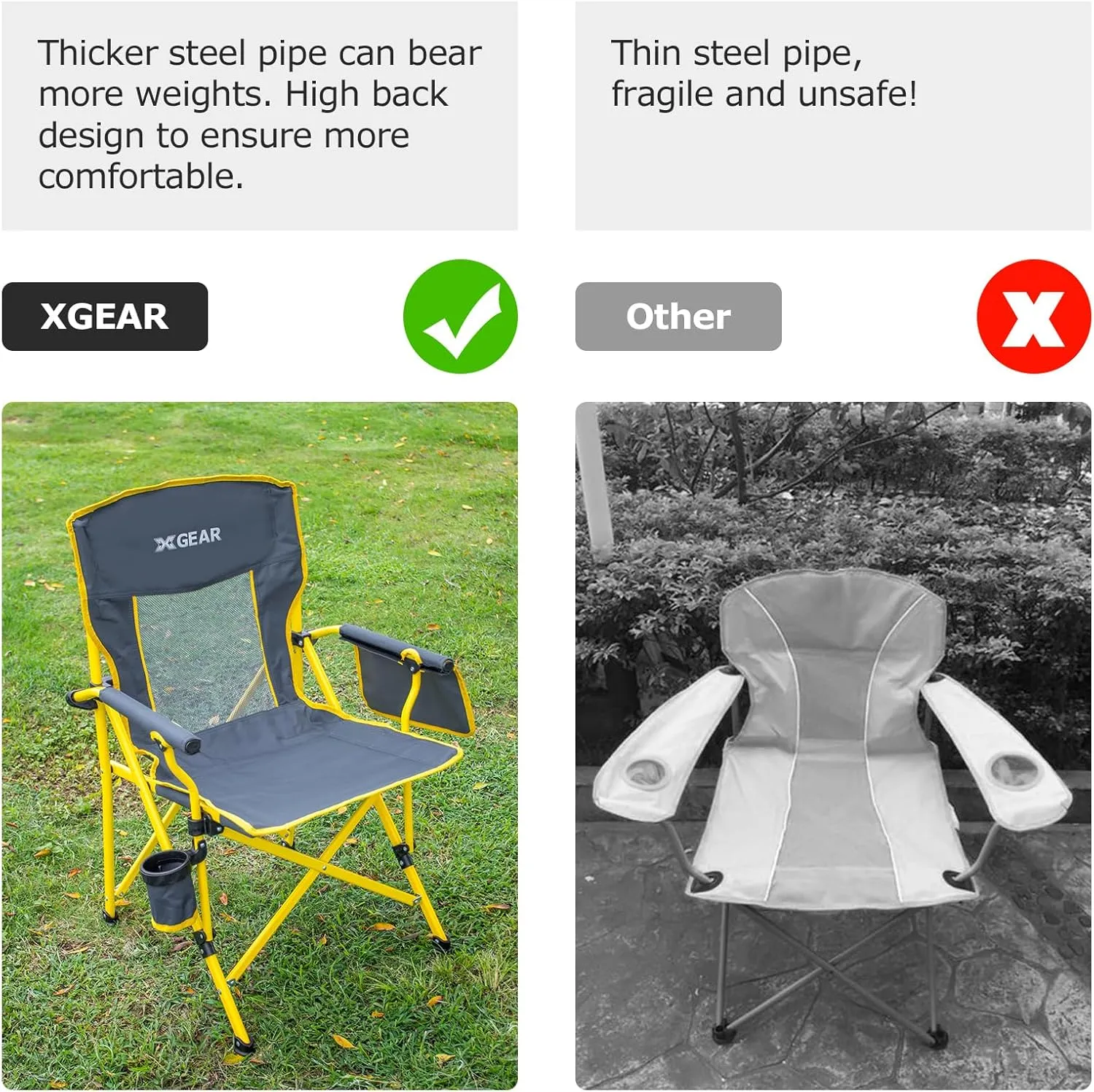 XGEAR Camping Chairs for Adults Support 350LBS Sturdy Mesh Back Camp Chair with Metal Armrests, Cup Holder, Storage Pockets(Yellow/Grey)