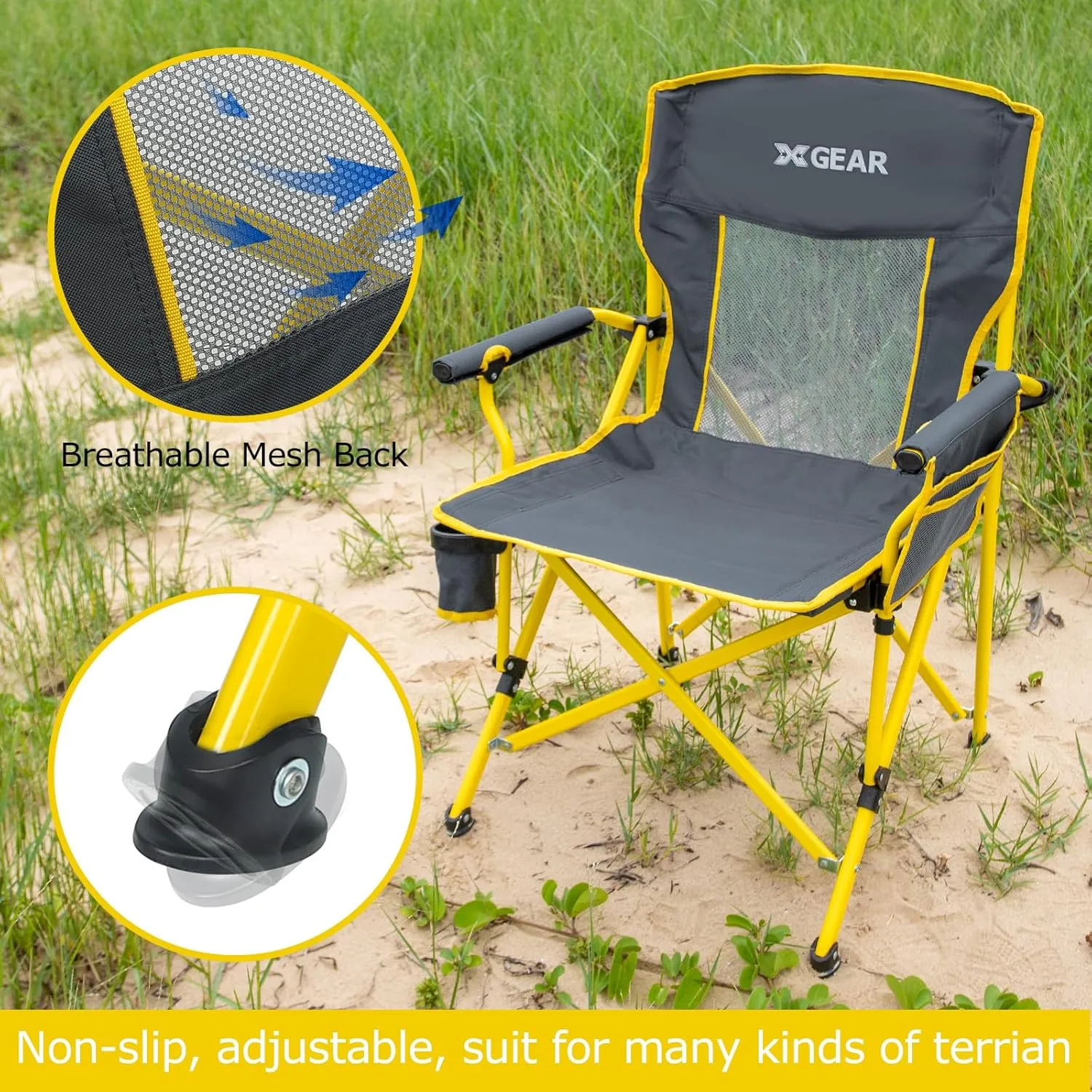 XGEAR Camping Chairs for Adults Support 350LBS Sturdy Mesh Back Camp Chair with Metal Armrests, Cup Holder, Storage Pockets(Yellow/Grey)