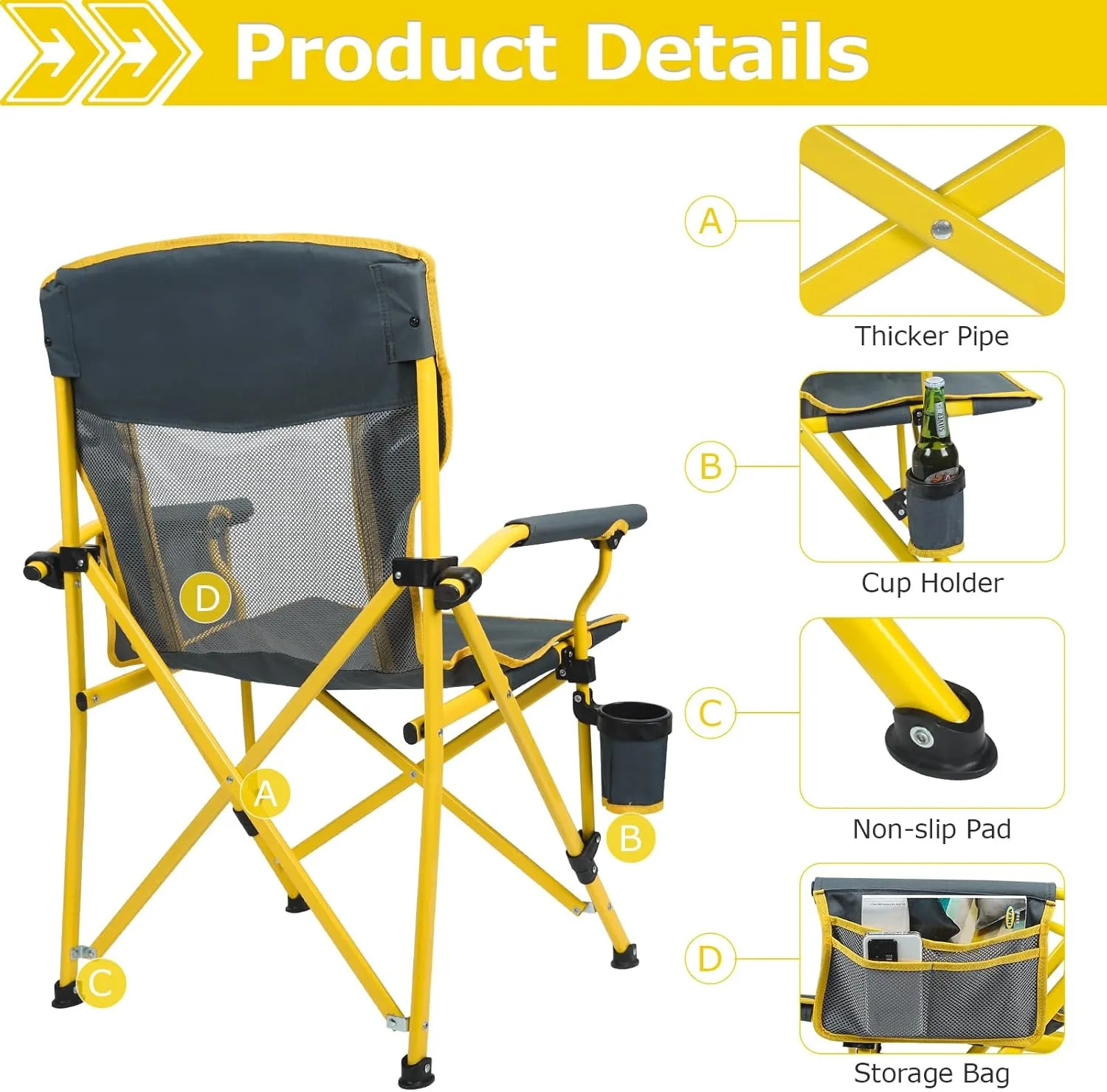 XGEAR Camping Chairs for Adults Support 350LBS Sturdy Mesh Back Camp Chair with Metal Armrests, Cup Holder, Storage Pockets(Yellow/Grey)