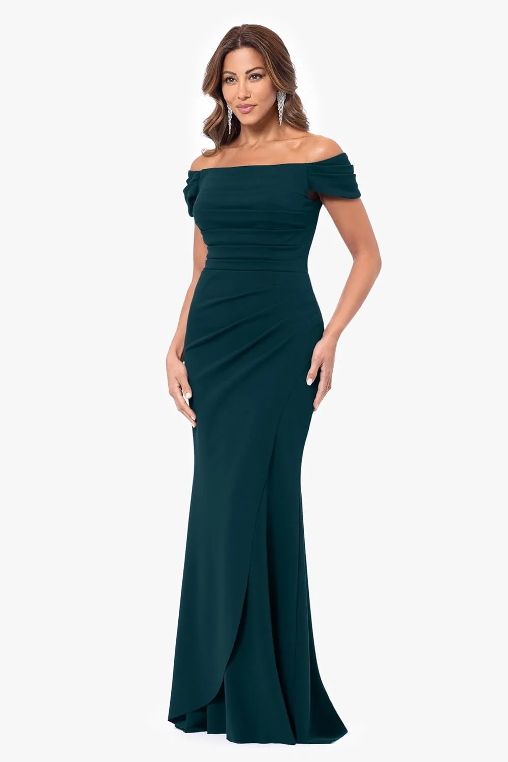 Xscape Women's Off The Shoulder Ruched Floor Length Evening Gown