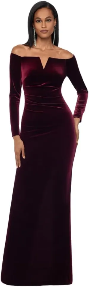 Xscape Women's Off-The-Shoulder Velvet Long Sleeve Maxi Dress with V-bar Neckline and Center Back Zipper