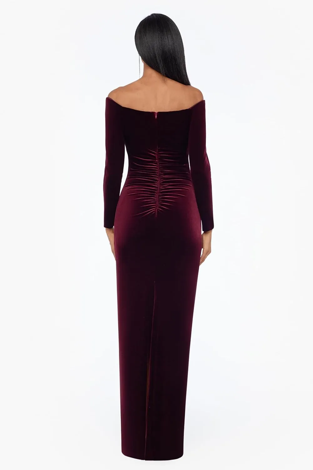 Xscape Women's Off-The-Shoulder Velvet Long Sleeve Maxi Dress with V-bar Neckline and Center Back Zipper