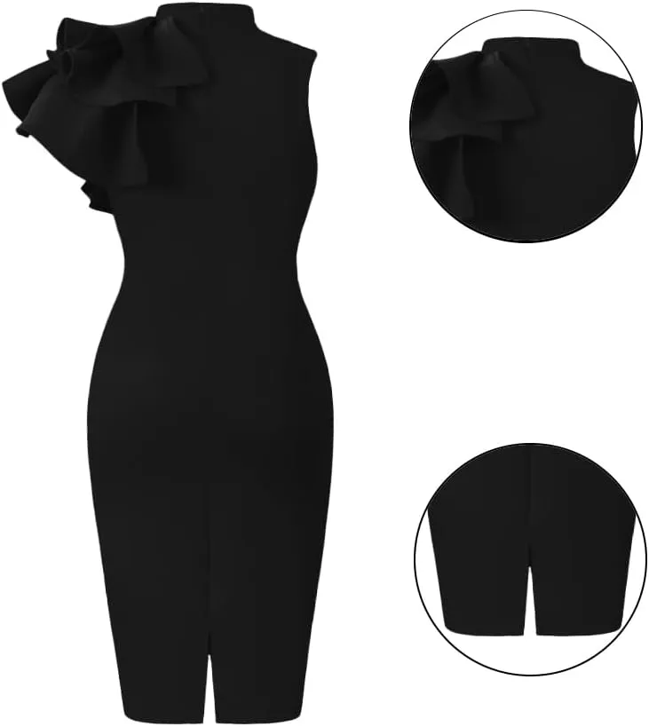 XXTAXN Women's Cocktail Bodycon Ruffle Sleeveless Formal Midi Pencil Dress
