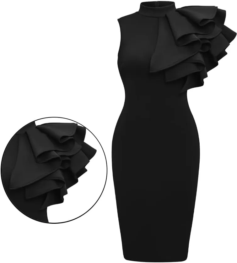 XXTAXN Women's Cocktail Bodycon Ruffle Sleeveless Formal Midi Pencil Dress