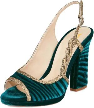 XYD Women Graceful Slingback Sandals Peep Toe Velvet Slip On Crystal Buckle Strap Block High Heel Pumps Evening Dress Shoes