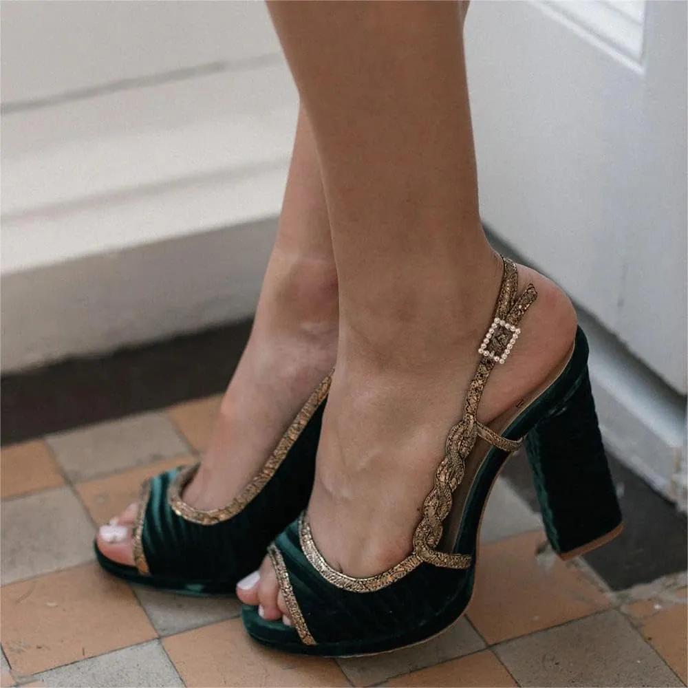 XYD Women Graceful Slingback Sandals Peep Toe Velvet Slip On Crystal Buckle Strap Block High Heel Pumps Evening Dress Shoes
