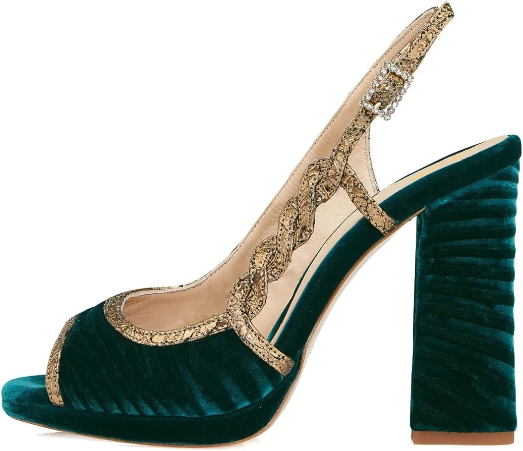 XYD Women Graceful Slingback Sandals Peep Toe Velvet Slip On Crystal Buckle Strap Block High Heel Pumps Evening Dress Shoes