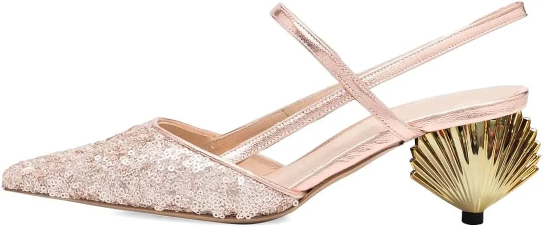 XYD Women Mid Scallop Shape Heel Ankle Strap Sandals Sequins Closed Pointed Toe Evening Party Event Dress Shoes