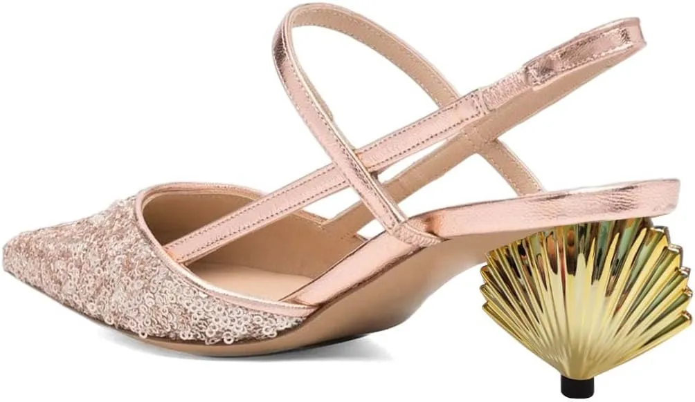 XYD Women Mid Scallop Shape Heel Ankle Strap Sandals Sequins Closed Pointed Toe Evening Party Event Dress Shoes