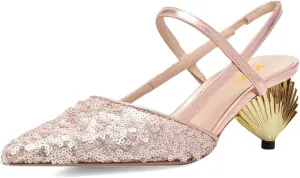 XYD Women Mid Scallop Shape Heel Ankle Strap Sandals Sequins Closed Pointed Toe Evening Party Event Dress Shoes