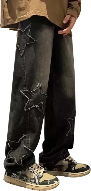Y2k Pants Men Baggy Jeans Star Embroidery Denim Pants High Waisted Hip Hop Streetwear Casual High Street Trousers