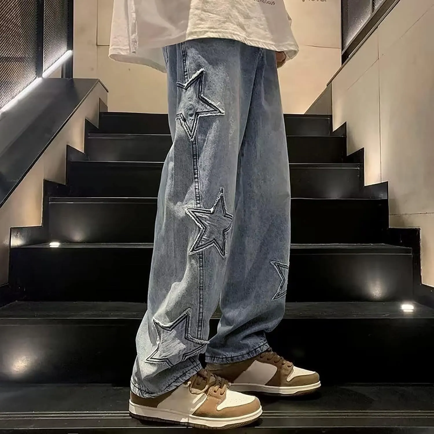 Y2k Pants Men Baggy Jeans Star Embroidery Denim Pants High Waisted Hip Hop Streetwear Casual High Street Trousers